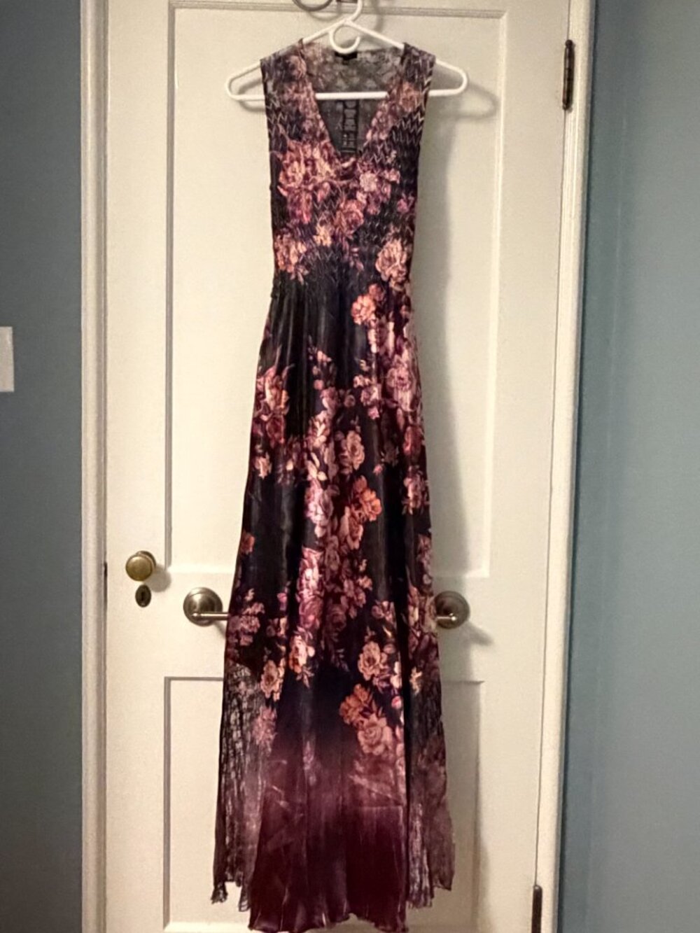 Komarov dark floral maxi dress lace pleated corset size XS NWT wedding guest